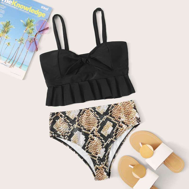 

Ruffle Hem Tie Front Top With Snakeskin Print Bikini, Multicolor
