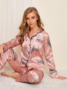 Crane & Leaf Print Satin Pyjama Set - Baby Pink - View 3
