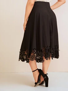 Plus Solid Laser Cut Belted Skirt - Black - View 3