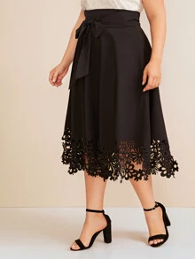 Plus Solid Laser Cut Belted Skirt - Black - View 5