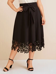 Plus Solid Laser Cut Belted Skirt - Black - View 2