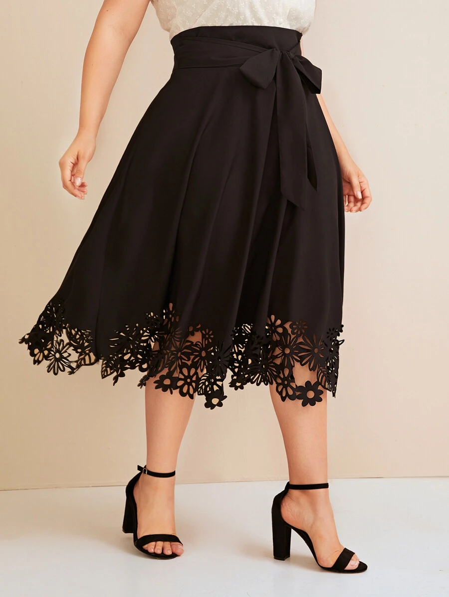 Plus Solid Laser Cut Belted Skirt - Black - View 1