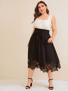 Plus Solid Laser Cut Belted Skirt - Black - View 4