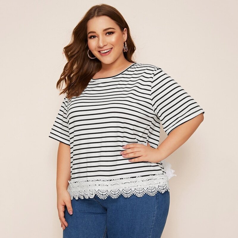 

Plus Striped Lace Contrast Slit Back Tee, White