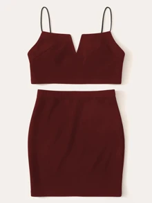 SHEIN Essnce Notch Neck Cami Top & Skirt Set - Burgundy - View 5
