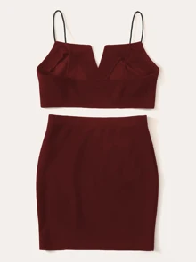 SHEIN Essnce Notch Neck Cami Top & Skirt Set - Burgundy - View 2