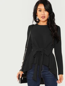 SHEIN Clasi Top con cinturón bajo irregular unicolor - Negro - Ver 1