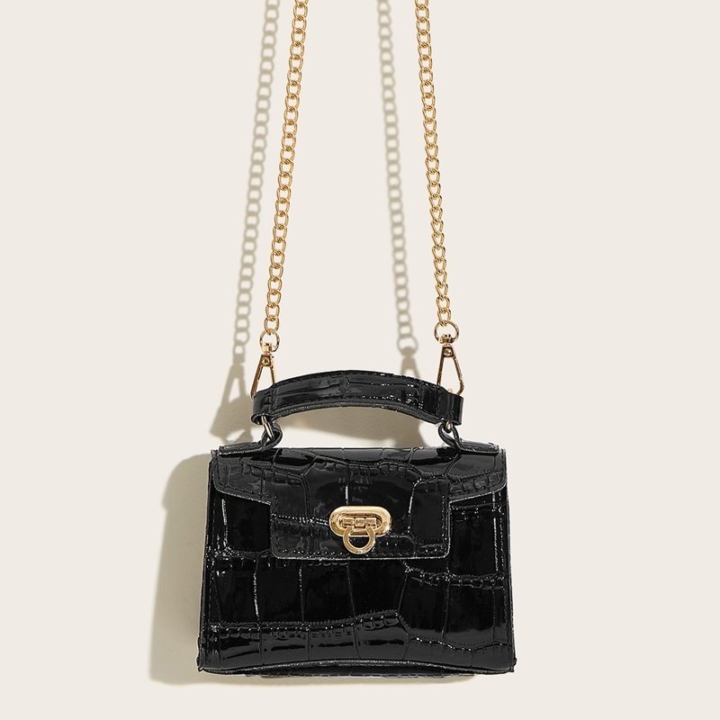 

Metal Lock Chain Strap Satchel Bag, Black