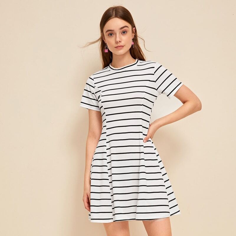 

Black & White Stripe Flared Hem Tee Dress