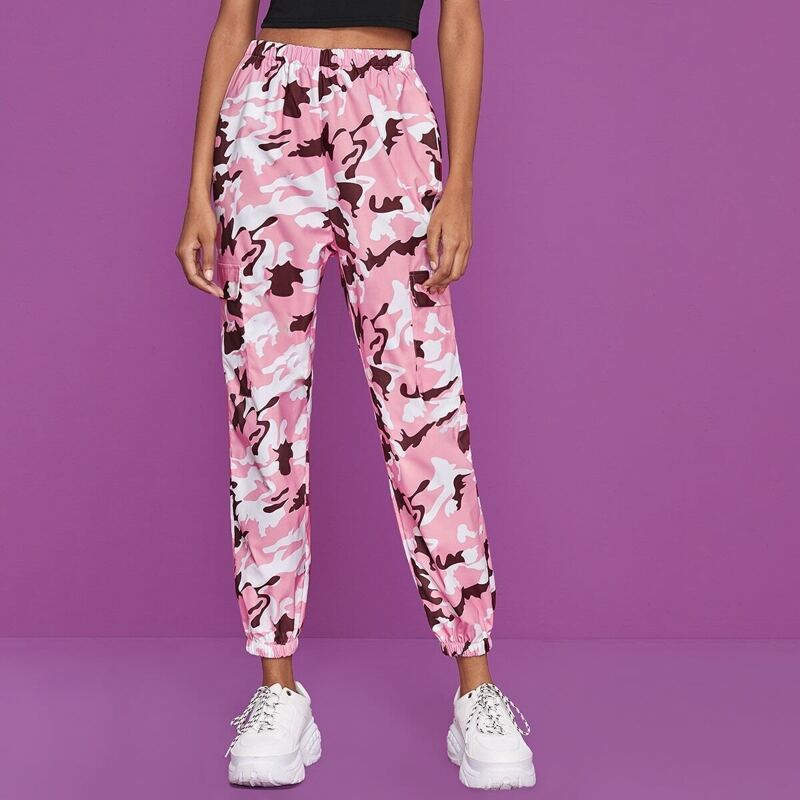 

Camo Print Flap Pocket Side Cargo Pants, Pink