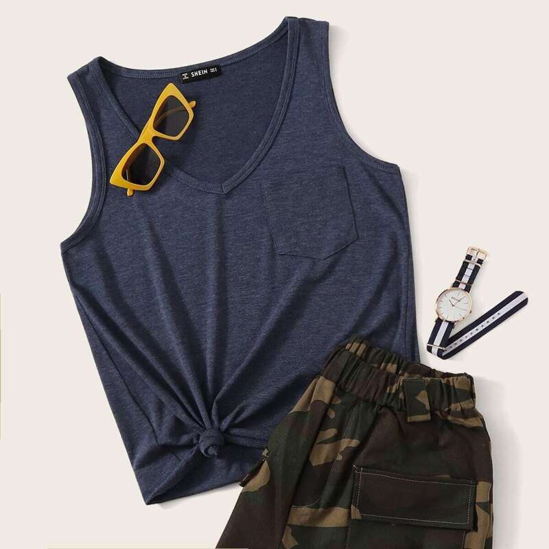 

V-neck Pocket Patched Tank Top, Navy