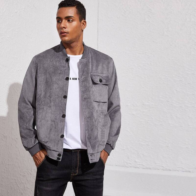 

Guys Suede Flap Pocket Rib-knit Trim Bomber Jacket, Grey