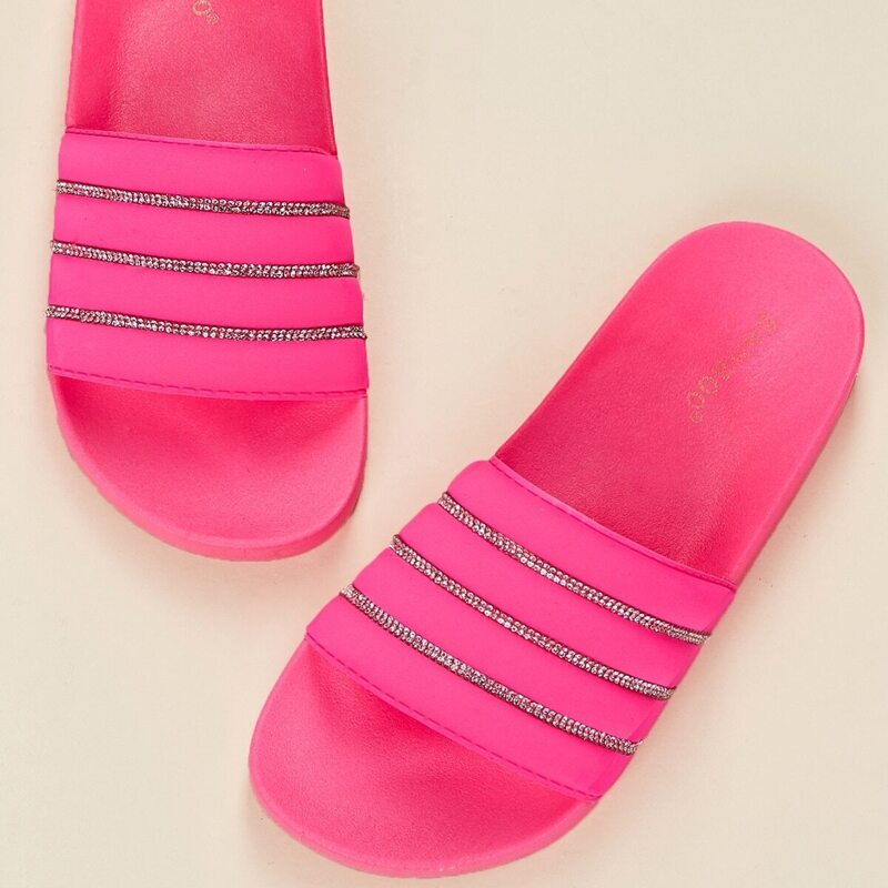 

Footbed Sole Crystal Detail Open Toe Slide Sandals, Pink