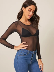 SHEIN Allurite Mesh Sheer Solid Skinny Bodysuit Without Bra - Black - View 4