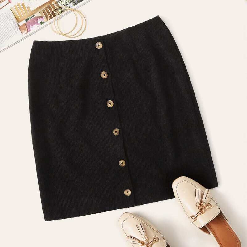 

Solid Button Front Rib-knit Skirt, Black