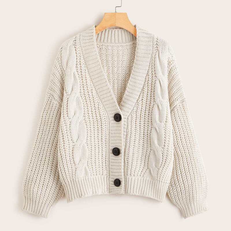 

Cable-knit Button Front Drop Shoulder Cardigan, Beige