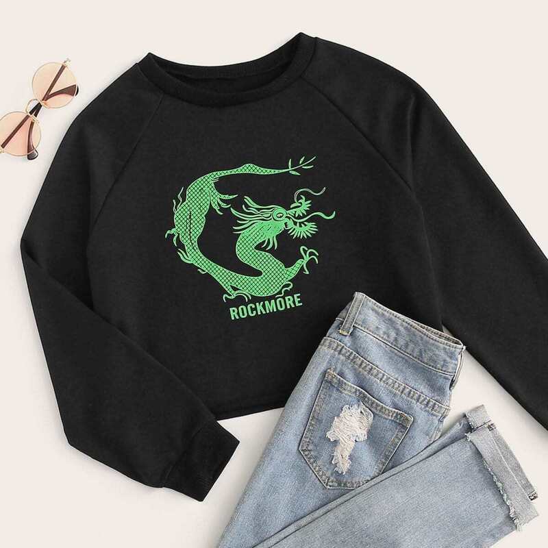 

Dragon And Letter Print Raglan Sleeve Sweatshirt, Black