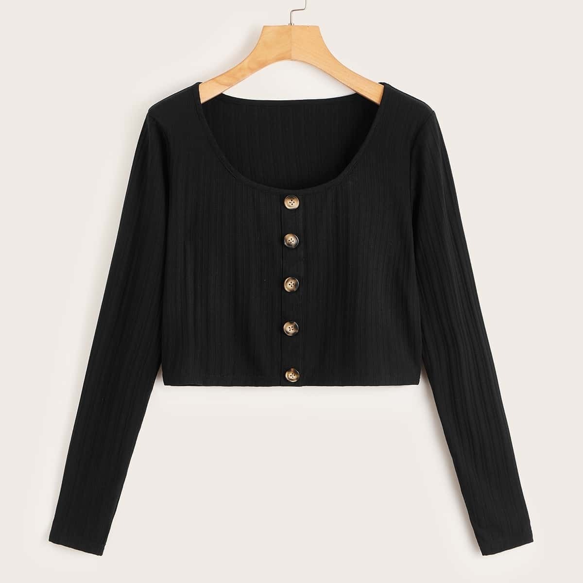 

Solid Button Front Scoop Neck Tee, Black