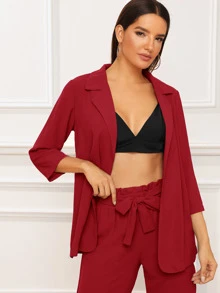 SHEIN Essnce 素色西裝外套和繫腰帶紙袋型褲子 - 酒紅色 - 查看 5