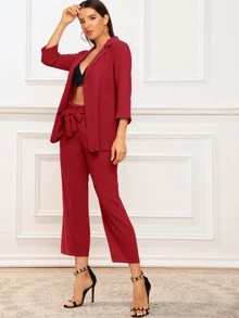 SHEIN Essnce 素色西裝外套和繫腰帶紙袋型褲子 - 酒紅色 - 查看 3