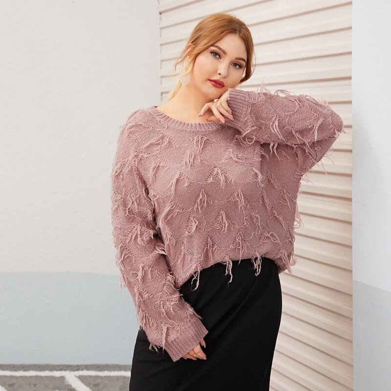 

Plus Frayed Drop Shoulder Sweater, Pink
