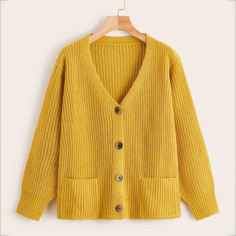 

Button Front Dual Pocket Solid Sweater, Yellow