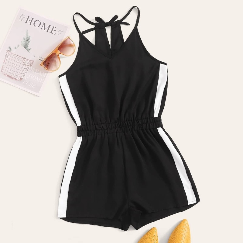

Plus Elastic Waist Contrast Panel Halter Romper, Black