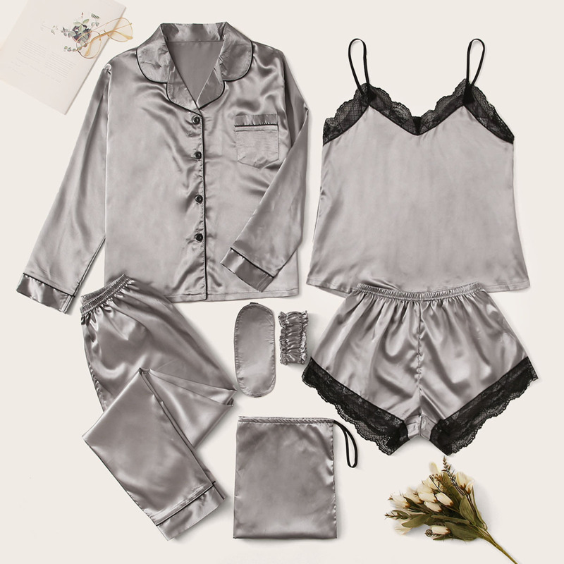

7pcs Lace Trim Satin Pajama Set, Grey