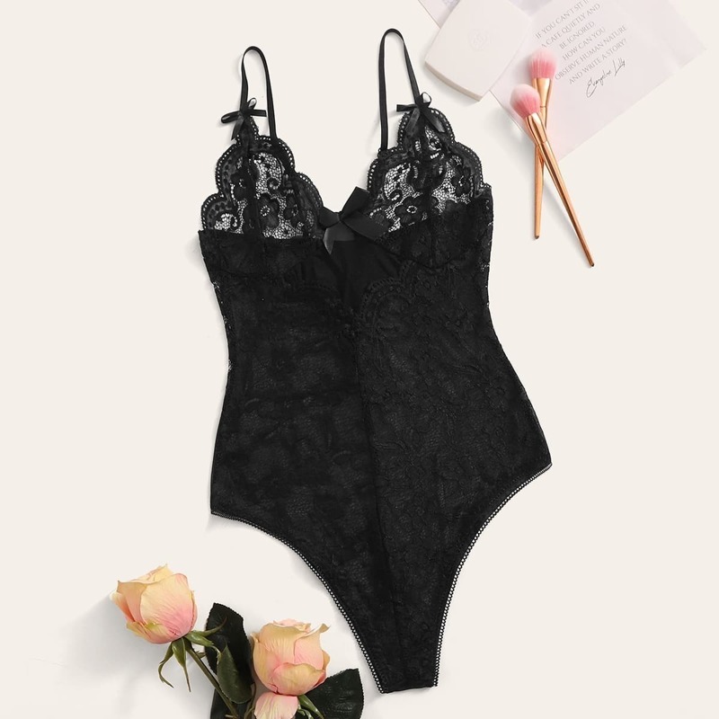 

Floral Lace Cut-out Teddy Bodysuit, Black