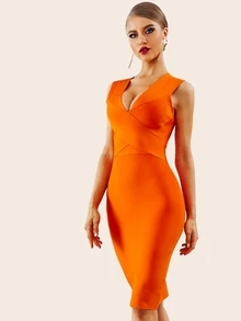Neon Orange Double V-neck Pencil Bodycon Cocktail Party Bandage Dress - Orange - View 4