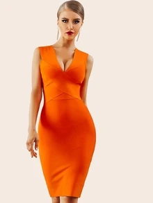 Neon Orange Double V-neck Pencil Bodycon Cocktail Party Bandage Dress - Orange - View 1