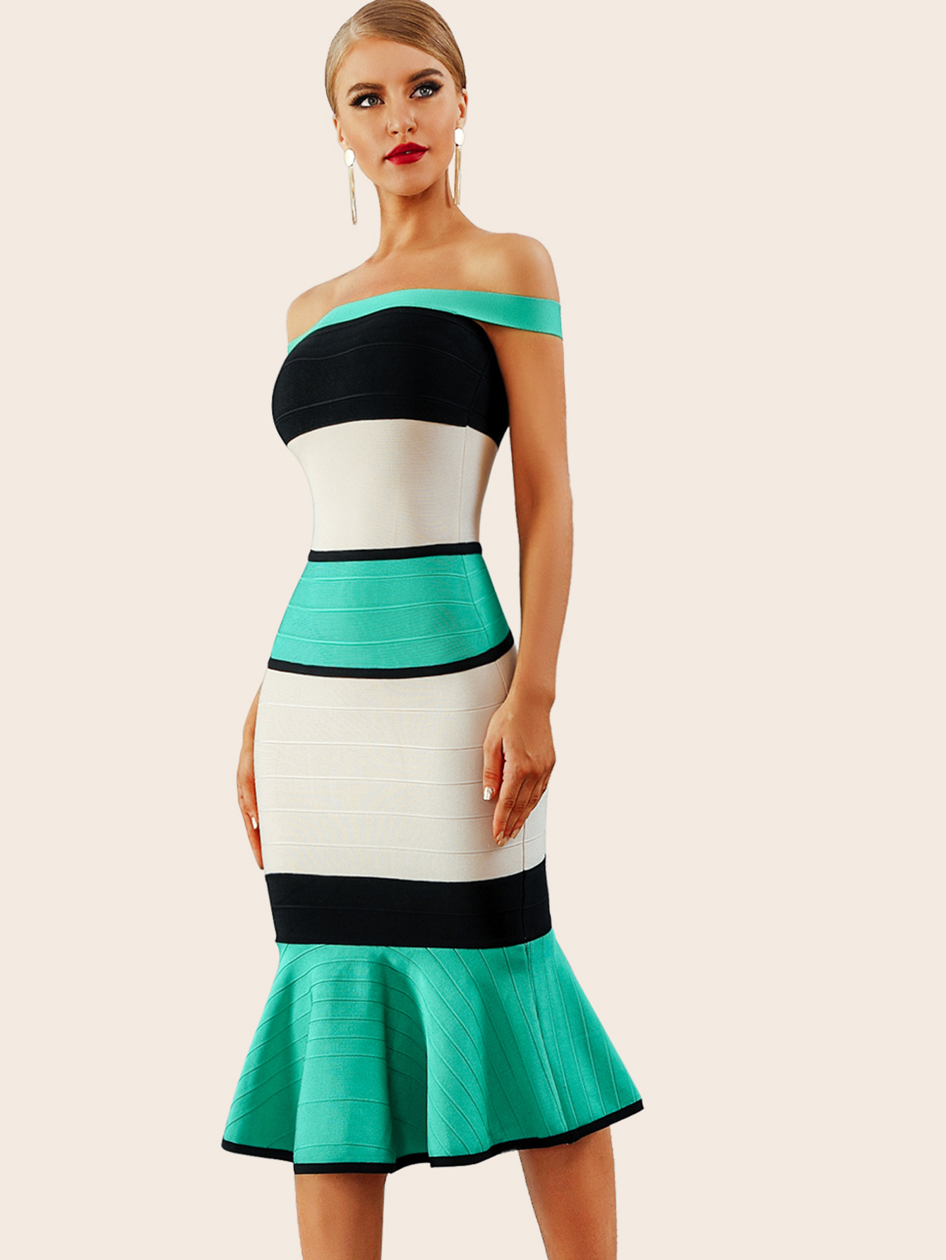 Color-block Fishtail Hem Bardot Dress thumbnail