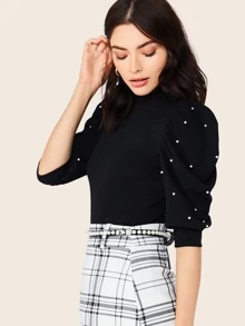 Modelyn Keyhole Back Pearls Beaded Puff Sleeve Top - Black - View 3
