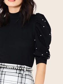 Modelyn Keyhole Back Pearls Beaded Puff Sleeve Top - Black - View 4