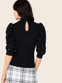 Modelyn Keyhole Back Pearls Beaded Puff Sleeve Top - Black - View 2