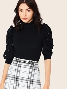 Modelyn Keyhole Back Pearls Beaded Puff Sleeve Top - Black - View 1