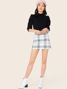 Modelyn Keyhole Back Pearls Beaded Puff Sleeve Top - Black - View 5