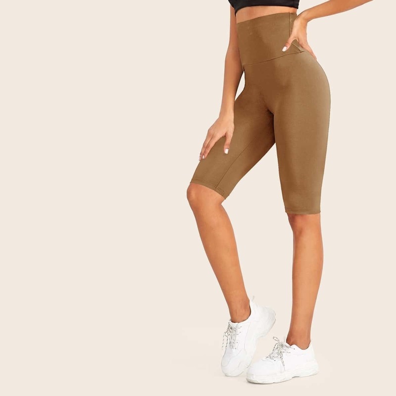 

Wide Band Waist Solid Cycling Shorts, Camel