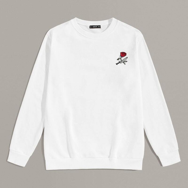 

Guys Crew Neck Embroidered Rose and Knife Pullover, White