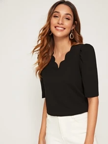 SHEIN Clasi Scallop Edge Solid Top - Black - View 3