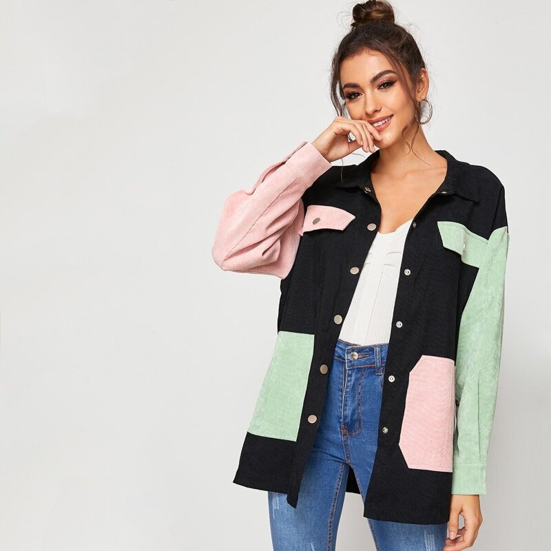 

Pocket Side Button Up Colorblock Cord Coat, Multicolor