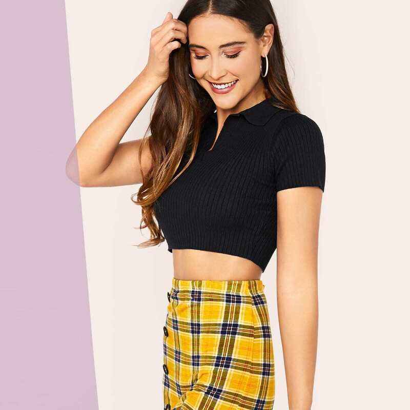 

Solid Collared Knit Top, Black