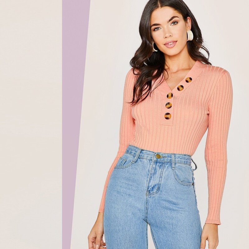 

Buttoned Half Placket Ribbed Knit Top, Pink pastel