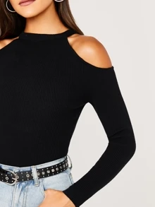 SHEIN Solid Cold Shoulder Sweater - Black - View 4