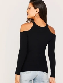 SHEIN Solid Cold Shoulder Sweater - Black - View 2