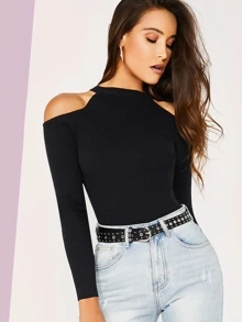 SHEIN Solid Cold Shoulder Sweater - Black - View 1