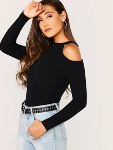 SHEIN Solid Cold Shoulder Sweater - Black - View 3