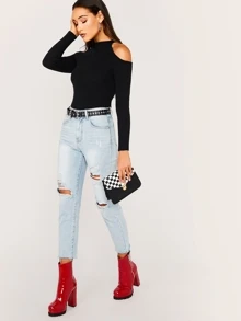 SHEIN Solid Cold Shoulder Sweater - Black - View 5