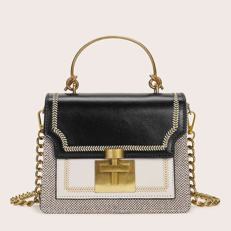 

Metal Handle Chain Strap Flap Satchel Bag, Multicolor