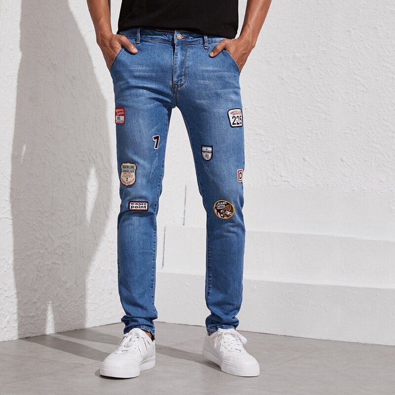 

Guys Relaxed Patched Jeans, Blue